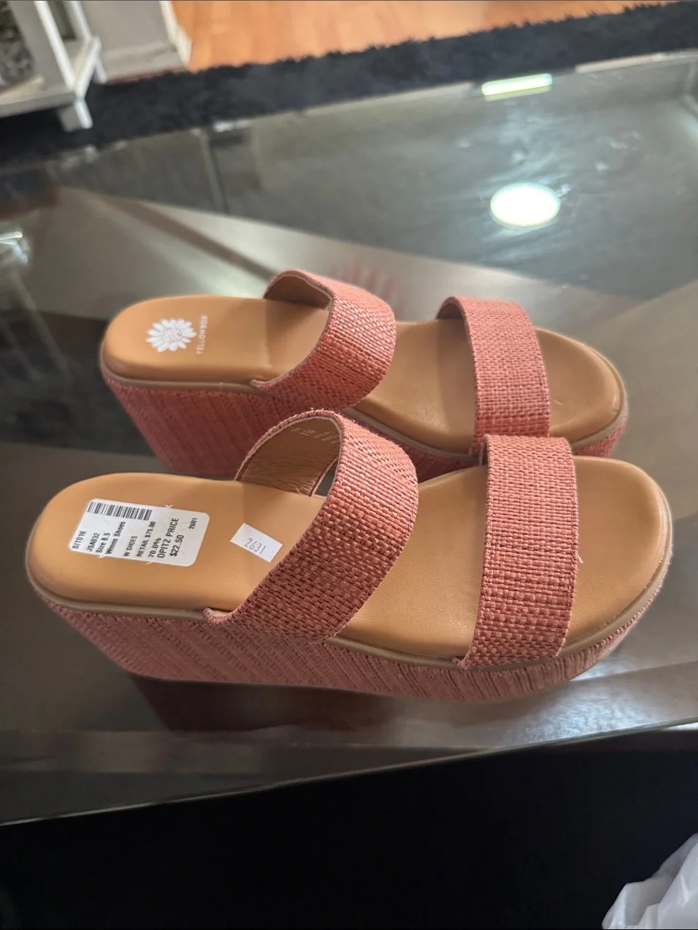Yellow Box Coral Pink Woven Double-Strap Platform Slides